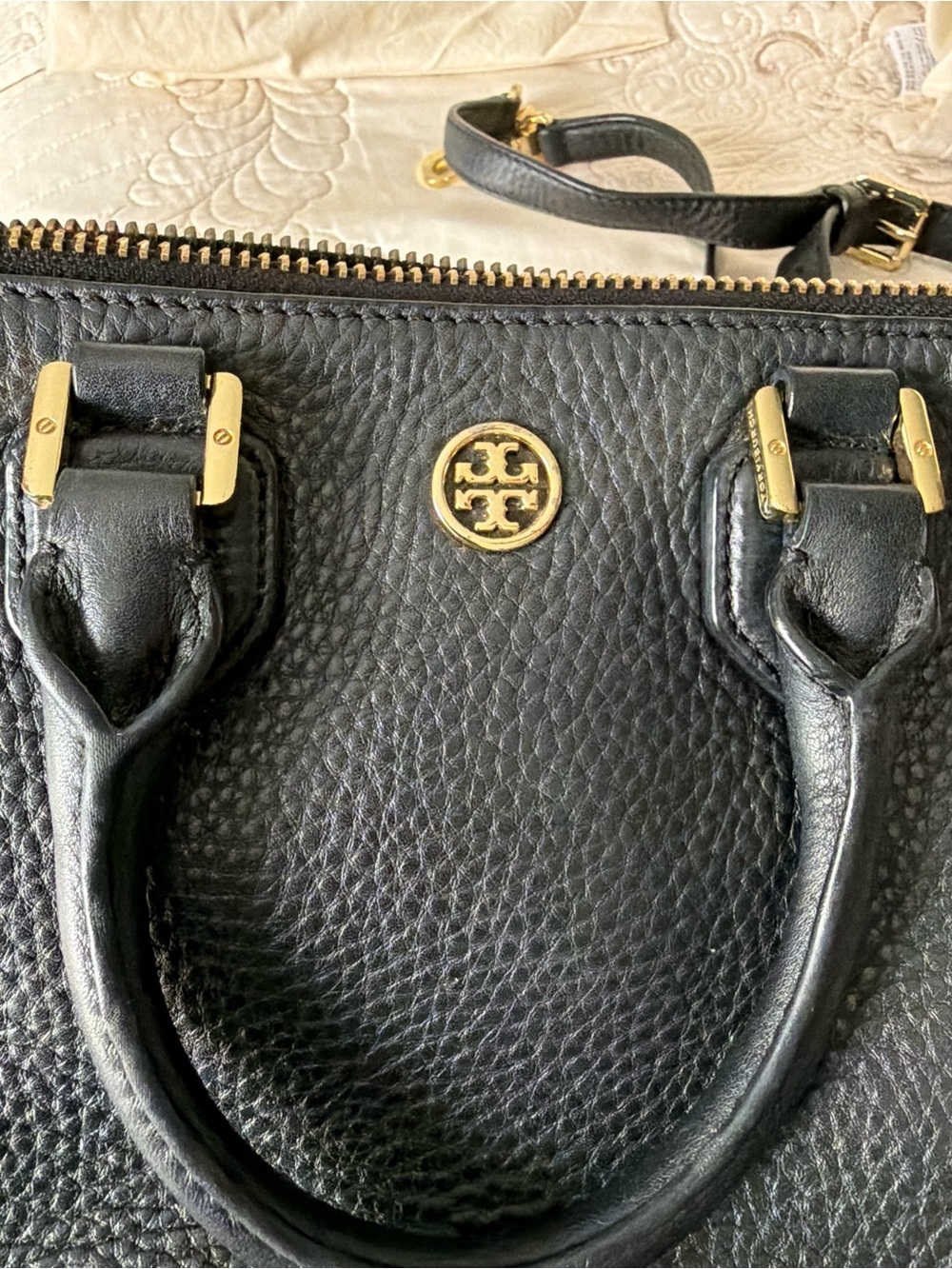 Tory Burch - Black Pebbled Leather Satchel with Gold Hardware - Picture 7 of 15